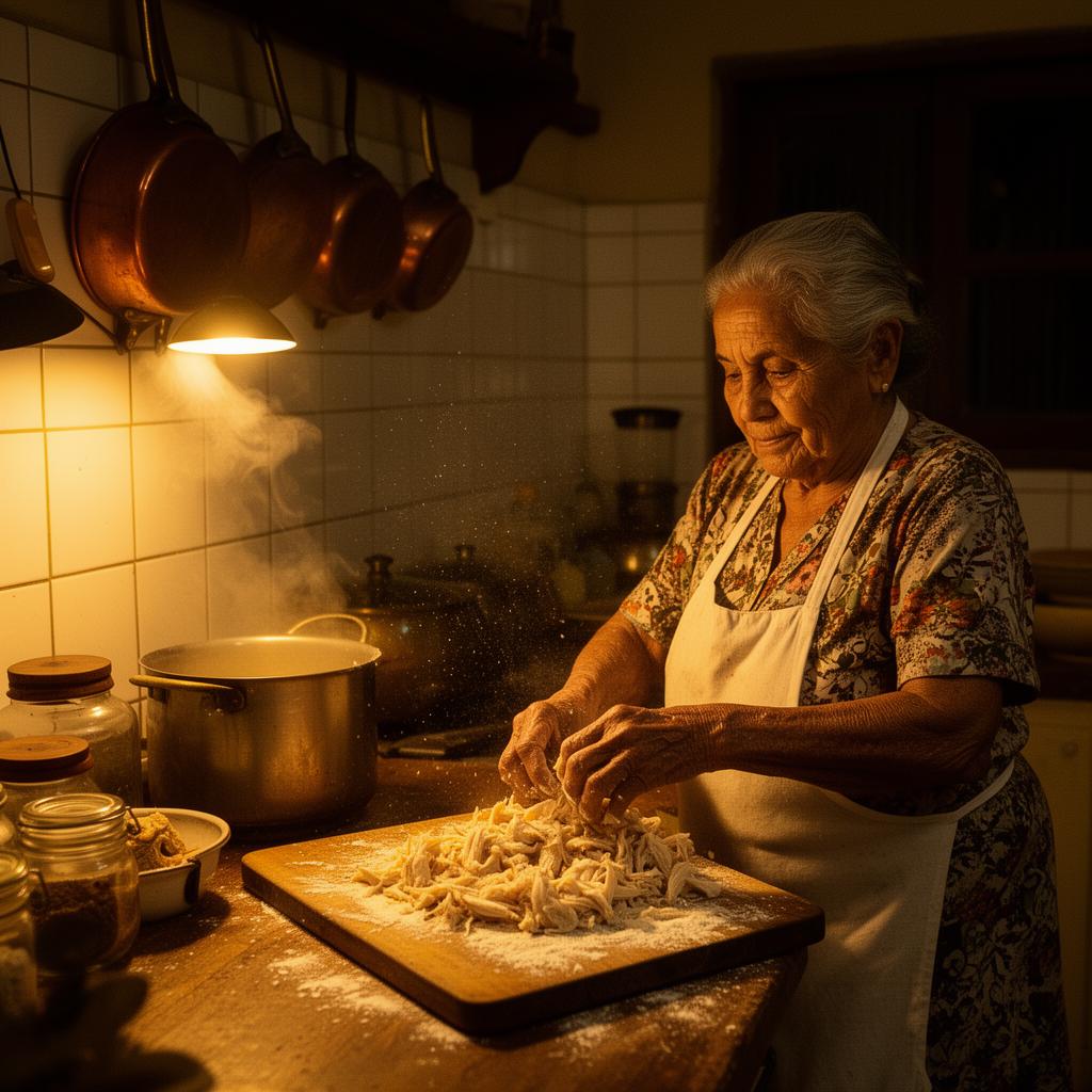 Cozinha do Império dos Salgados — frango desfiado à mão desde 2018